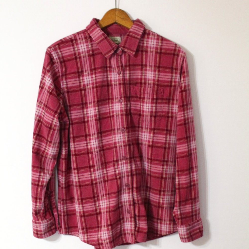 LL Bean Women's Pink Plaid Fleece Button Up Size Medium Hiking, Fall, Layers